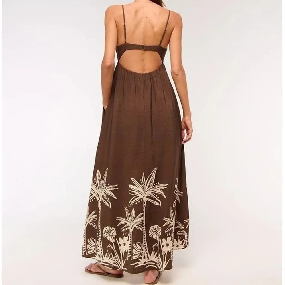 Abercrombie & Fitch Bra Free Brown Tropical Palm Print Open Back Maxi Dress ST - Picture 11 of 14